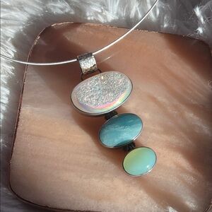 Artisan Sterling Silver Pendant Necklace Druzy Quartz-Amazonite-Aqua Chalcedony
